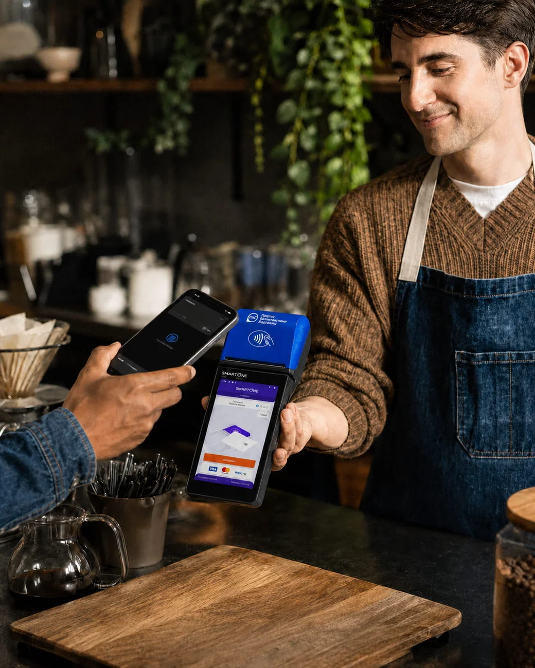 Бариста приймає безконтактну оплату смартфоном на POS-терміналі SmartOne